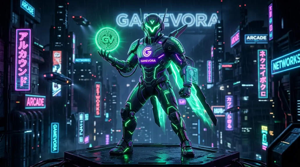 Cyber-Maskottchen von Gamevora in einer Neon-Gasse